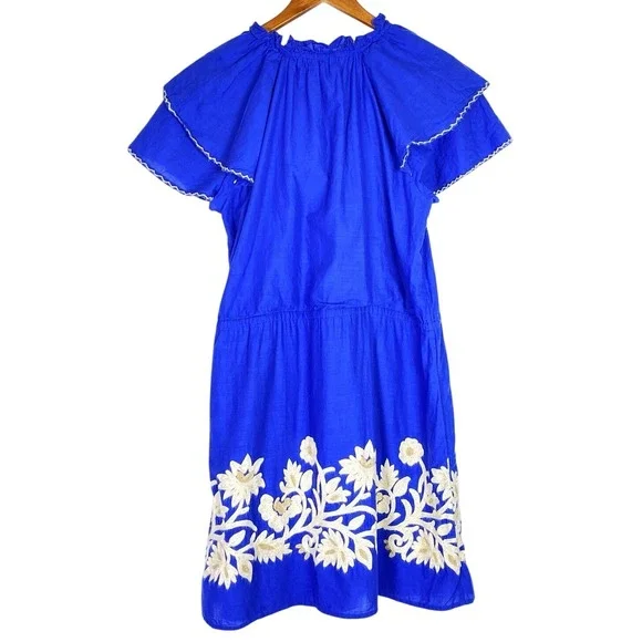 Olivia James Medium Mini Dress 100% Cotton Blue Western Boho Peasant Ruffle Bow - Picture 4 of 5